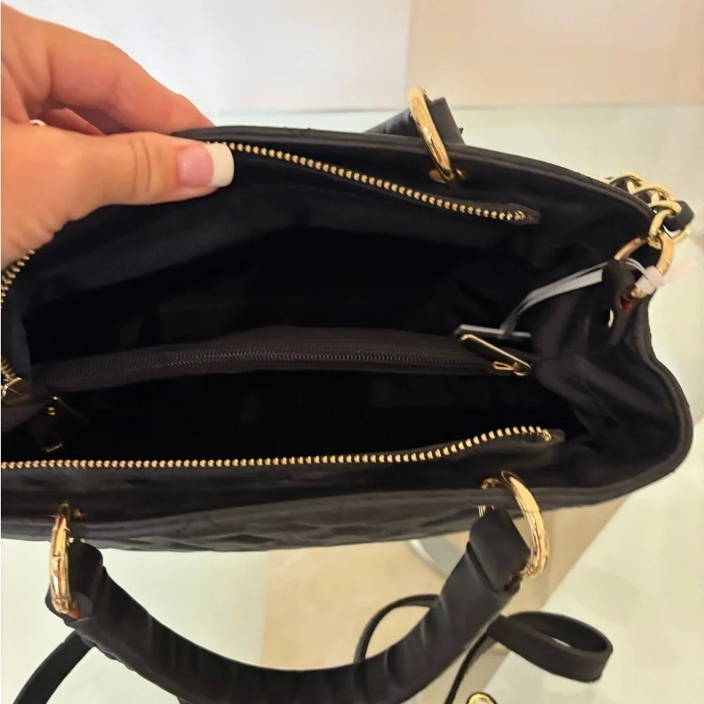 Black Quilted Leather Shoulder Bag with Gold Chain & Starp